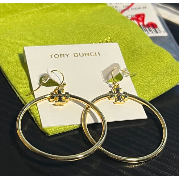 Tory Burch Gold Stacked T Logo Hoop Earrings - Picture 5 of 7
